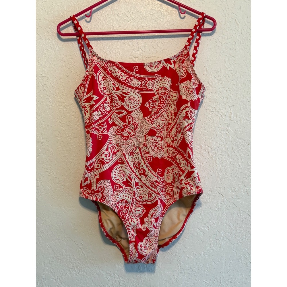 Christina One Piece Swimsuit Red White Paisley Polka Dot Straps Womens 8